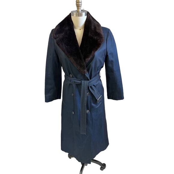 Mob wife Christian Dior VTG Trench Coat Deep Blue w Faux Fur Lining 1970s Sz 6/S